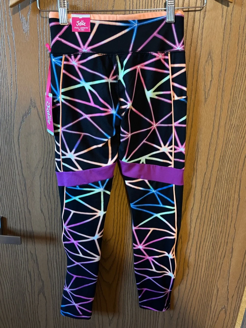 Justice Black Leggings with Neon Pink, Purple, Blue & Green Geometric Print